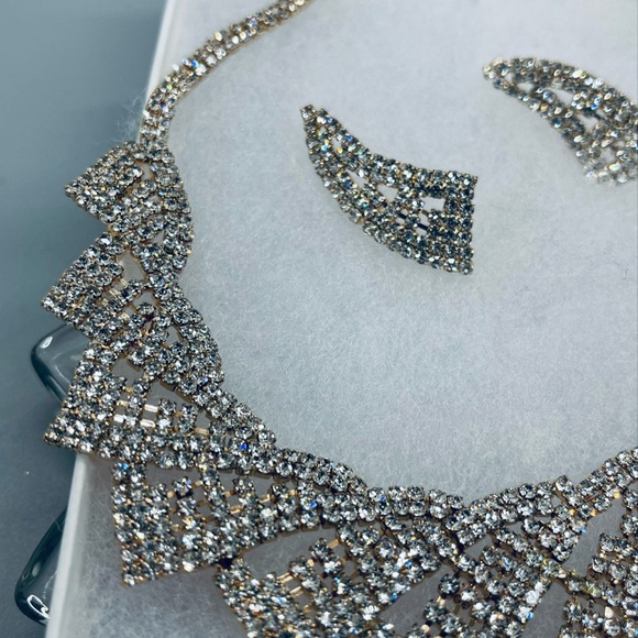Gold rhinestone crystal necklace earrings set Rhinestone bridal engagement - Picture 5 of 5